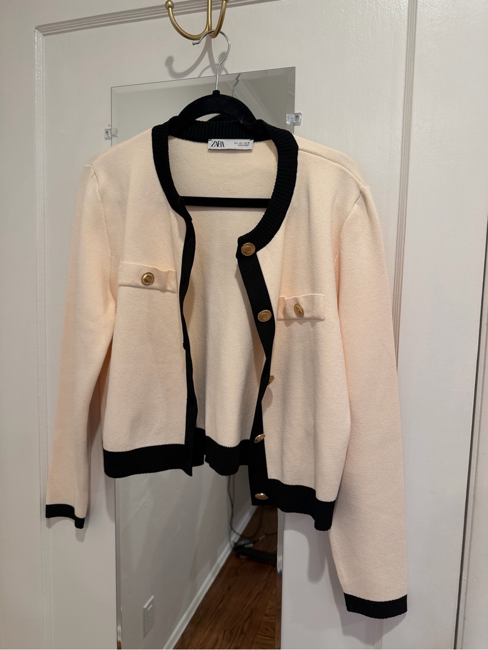 Zara Cream Cardigan with Black Trim and Gold Buttons